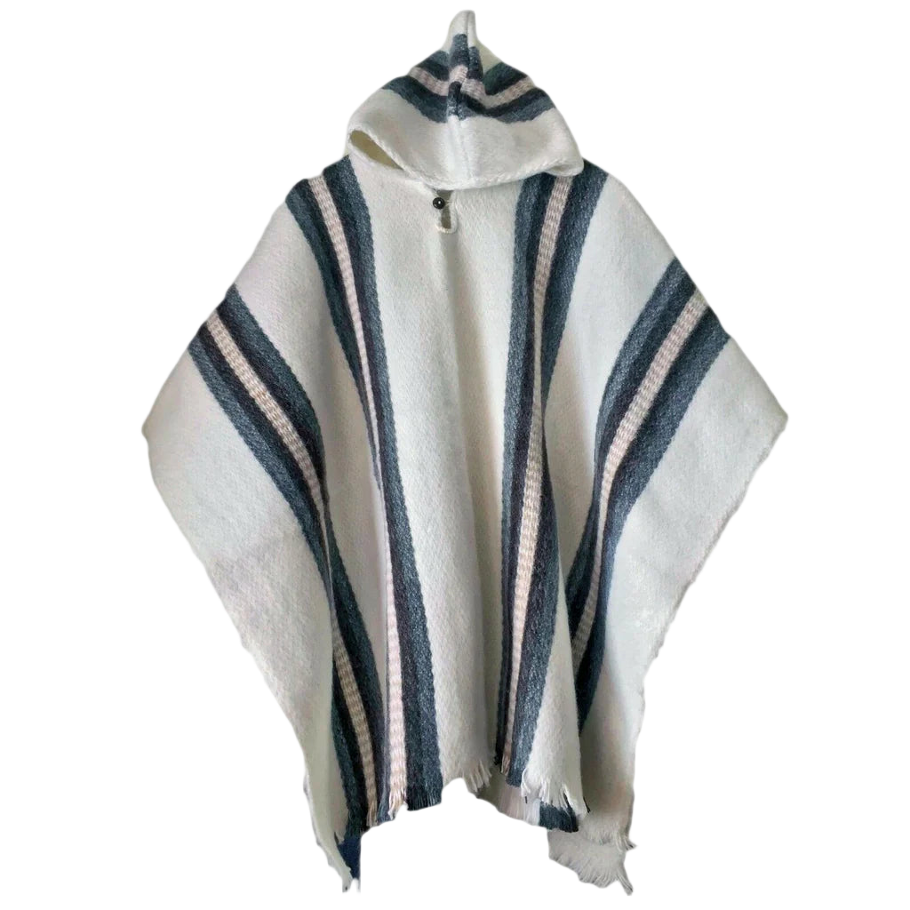 🦙 Llama wool white and blue striped poncho