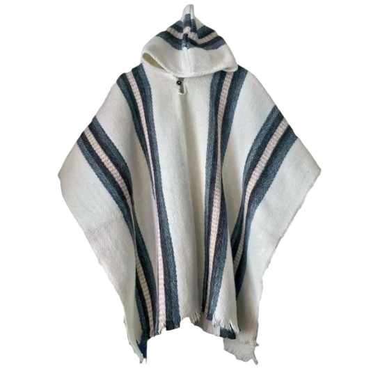 🦙 Llama wool white and blue striped poncho